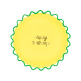 Yellow Happy Birthday paper plate with a green wiggle edge, ideal for colorful party table settings and celebrations.