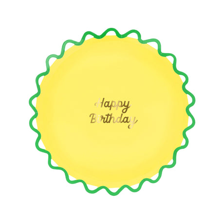 Yellow Happy Birthday paper plate with a green wiggle edge, ideal for colorful party table settings and celebrations.