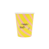 Yellow and pink striped paper cup with "Happy Birthday" written in gold script font.