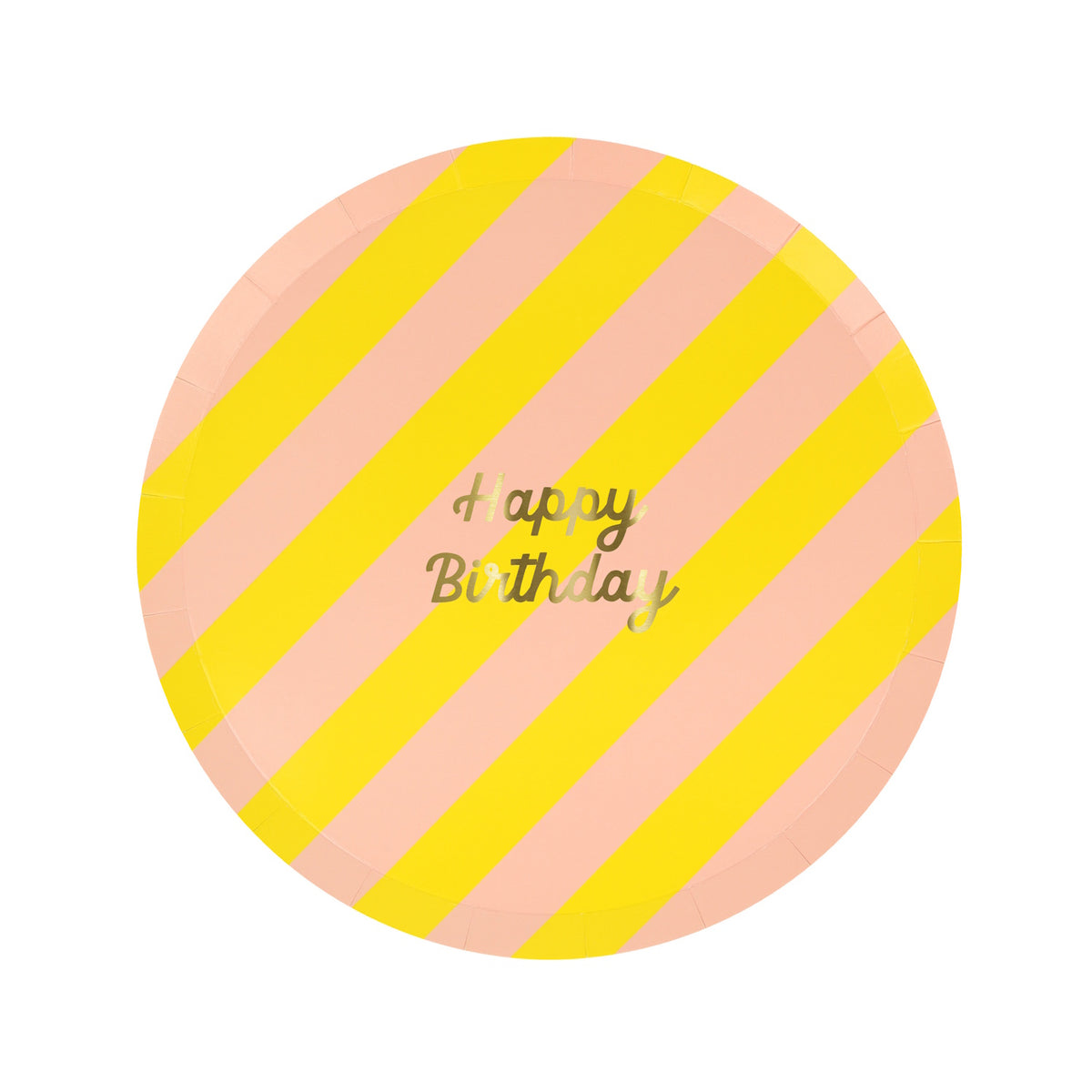 Round paper plate with yellow and pink diagonal stripes and gold text reading "Happy Birthday".
