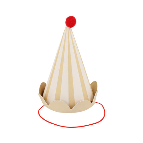Gold and white striped party hat with a scalloped brim, red pom-pom top, and red elastic string.