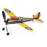 Vintage-style rubber band powered balsa wood toy glider airplane with yellow wings and military star decals.