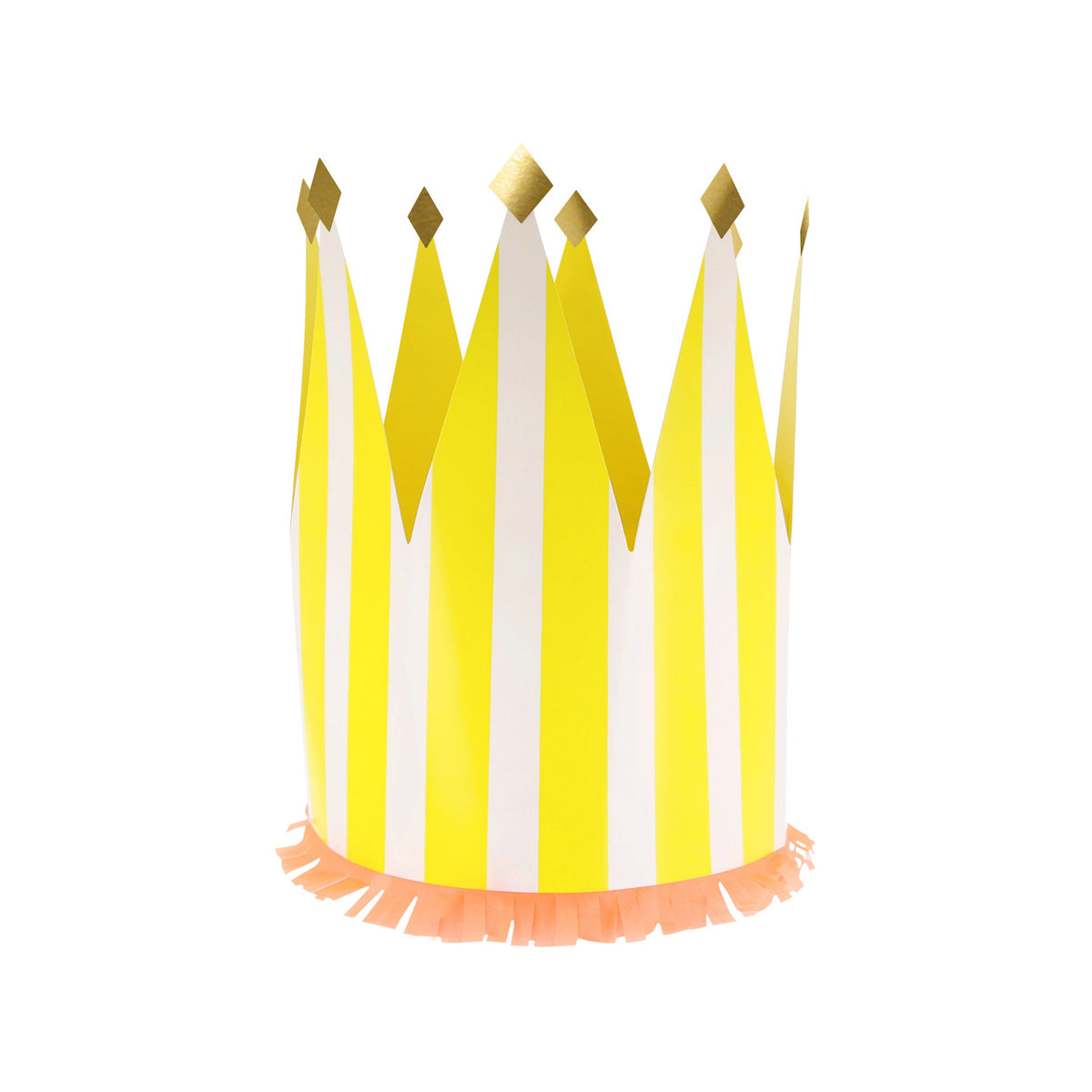 Yellow and white striped paper party crown with gold glitter tips and a pink fringed base for celebrations.