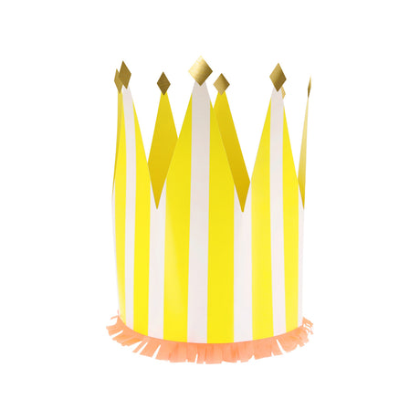 Yellow and white striped paper party crown with gold glitter tips and a pink fringed base for celebrations.