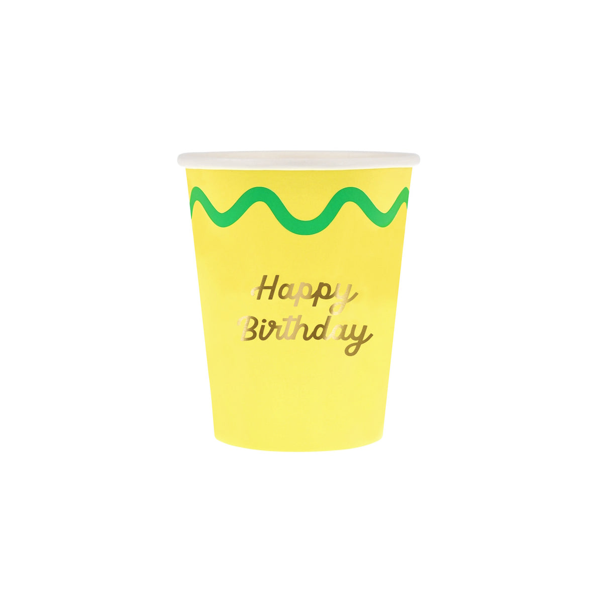 A yellow paper cup featuring a green wavy line and gold script text that reads "Happy Birthday".