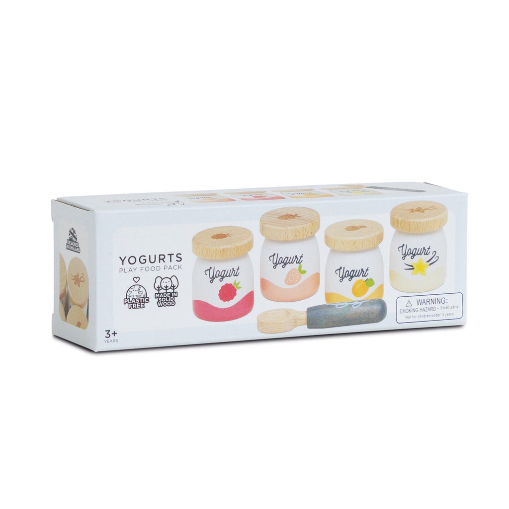 White box showing wooden toy yogurt jars. Includes a wooden spoon. Text reads "Yogurts Play Food Pack" for ages 3+.