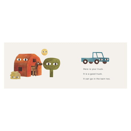 Children's board book page with a farm barn, tree, blue truck with eyes, and simple story text.