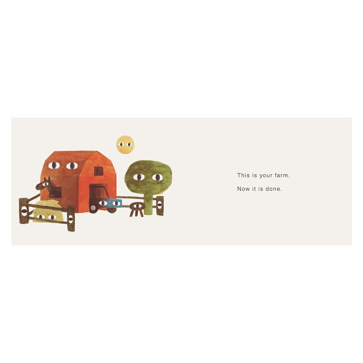 Farm illustration with a red barn, tree, horse, and tractor, featuring stylized eyes. Text: This is your farm.