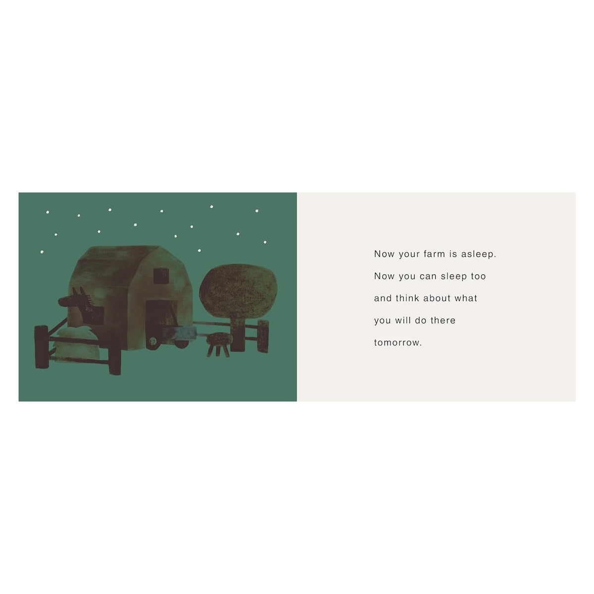 Night illustration of a farm barn under stars next to bedtime text.