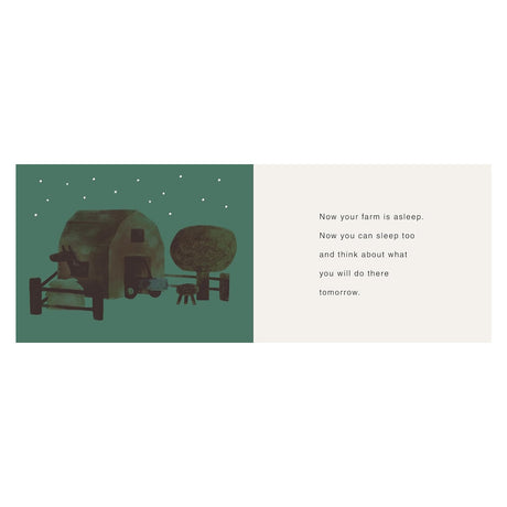 Night illustration of a farm barn under stars next to bedtime text.