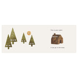 Book illustration by Jon Klassen with text, a brown cabin, and green forest trees all drawn with eyes.