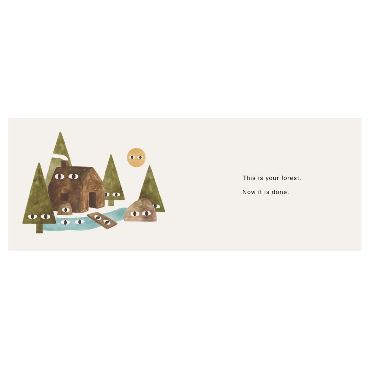 Children's book page showing a forest with a cabin, river, trees, and sun, all having cartoon eyes.