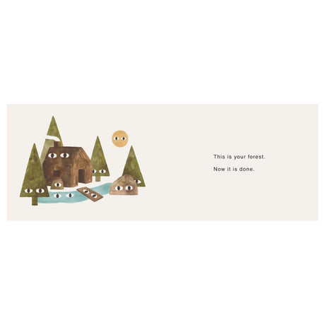 Children's book page showing a forest with a cabin, river, trees, and sun, all having cartoon eyes.