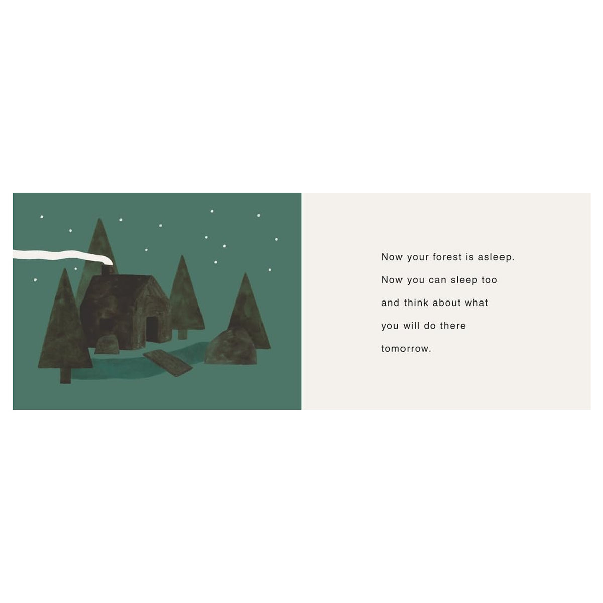 Children's book illustration of a dark green forest with a cozy cabin under a starry night sky.