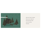 Children's book illustration of a dark green forest with a cozy cabin under a starry night sky.