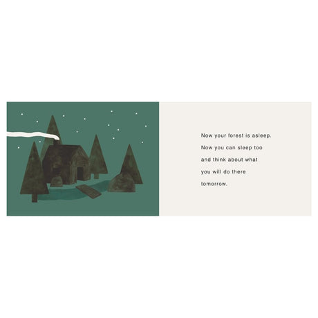 Children's book illustration of a dark green forest with a cozy cabin under a starry night sky.