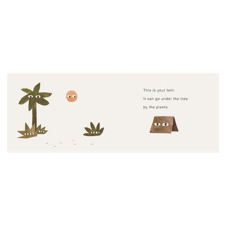 Children's book page showing a palm tree, sun, plants, and a brown tent, all with small cartoon eyes.