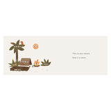 Minimalist children's book illustration of a stylized island with eyes on the sun, tree, and tent.