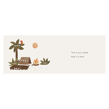 Minimalist children's book illustration of a stylized island with eyes on the sun, tree, and tent.