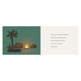 Night island camping scene with a lit campfire, tent, palm tree under a starry sky, and bedtime story text.