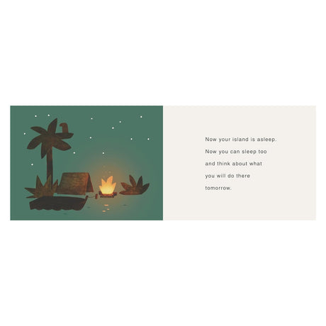 Night island camping scene with a lit campfire, tent, palm tree under a starry sky, and bedtime story text.