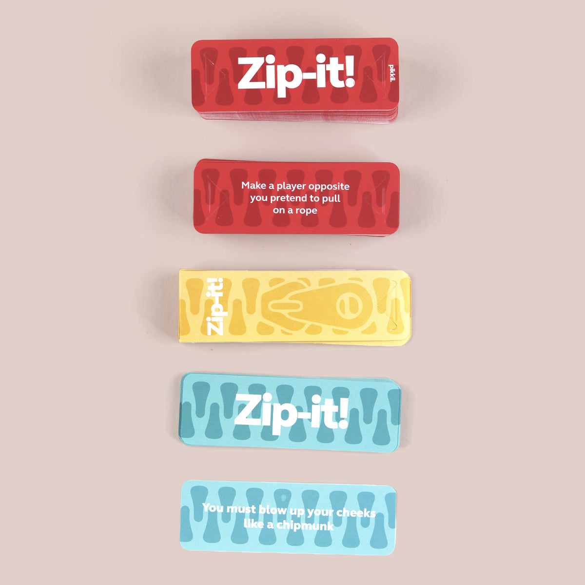 Five colorful Zip-it! party game cards stacked vertically showing prompts and logo designs.