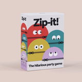 Zip-it! game box featuring colorful round characters with zippered mouths on a white background.