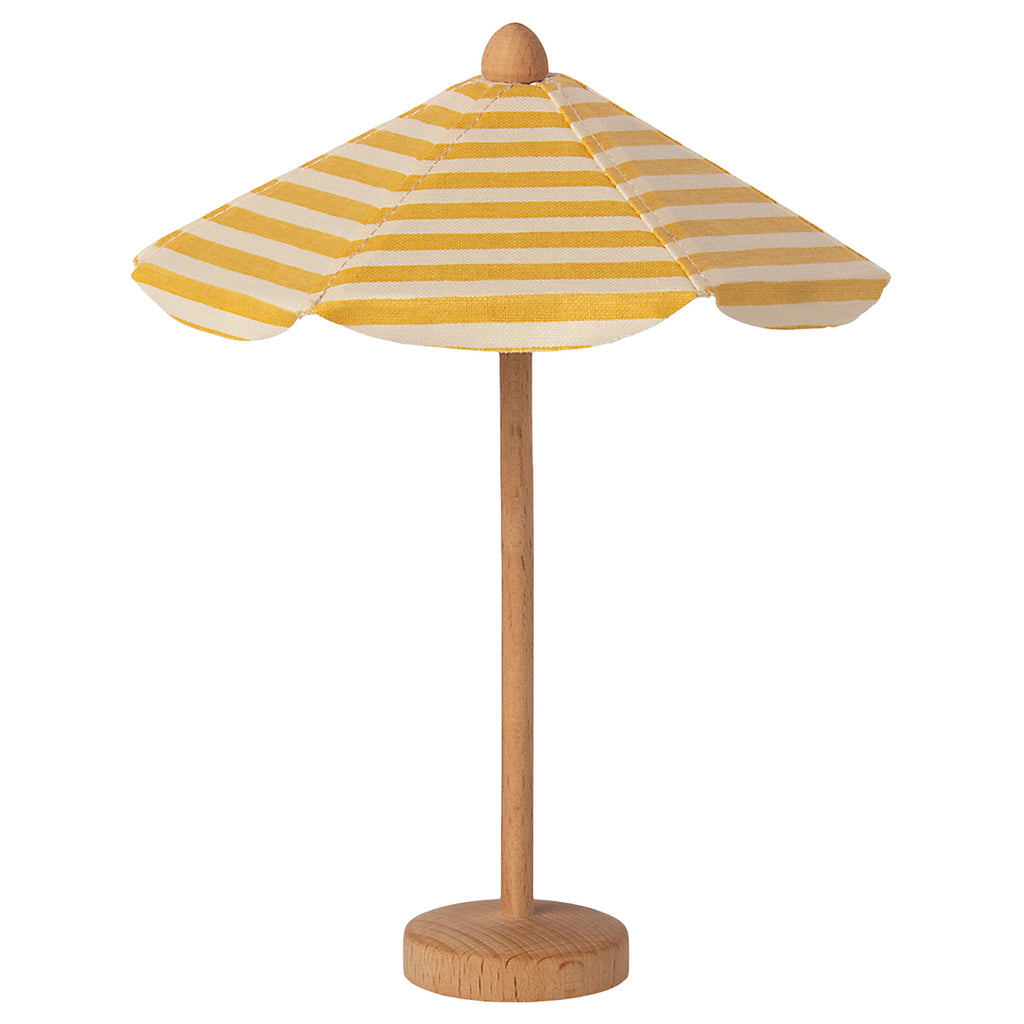 Maileg Beach Umbrella with a wooden base and a white and yellow striped canopy