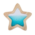 A wooden star-shaped sensory toy filled with vibrant blue glittery liquid, designed for visual stimulation.